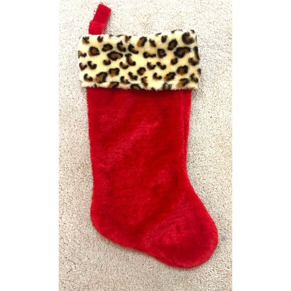 Red Faux Fur Christmas Stocking With Leopard Print Cuff 16" - Picture 2 of 7